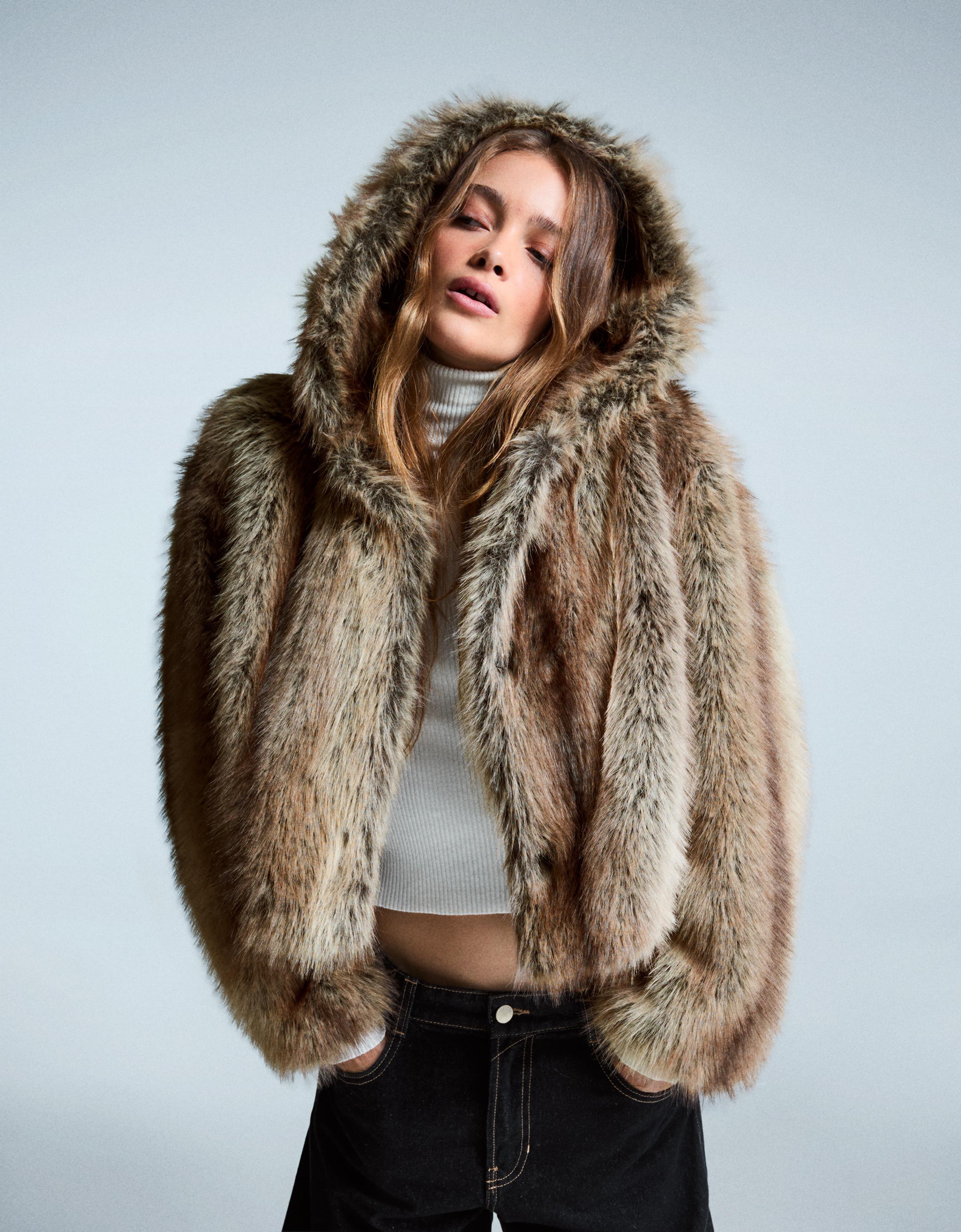 Hooded faux fur jacket