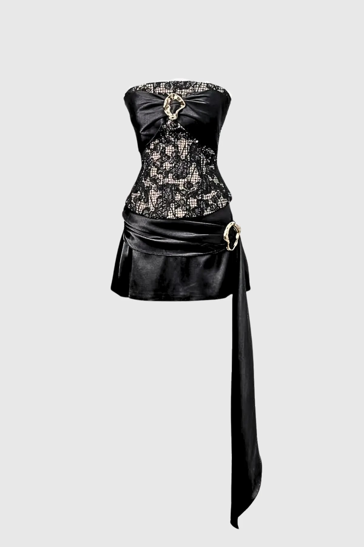 Rose Strapless Lace Fringe Satin Mini Dress