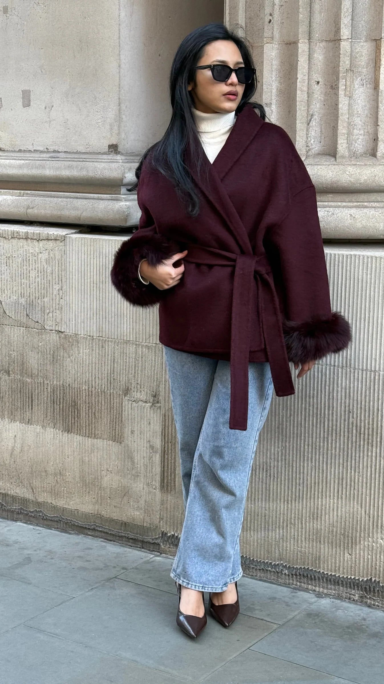 WOOLCOAT WITH FUR- DARK RED