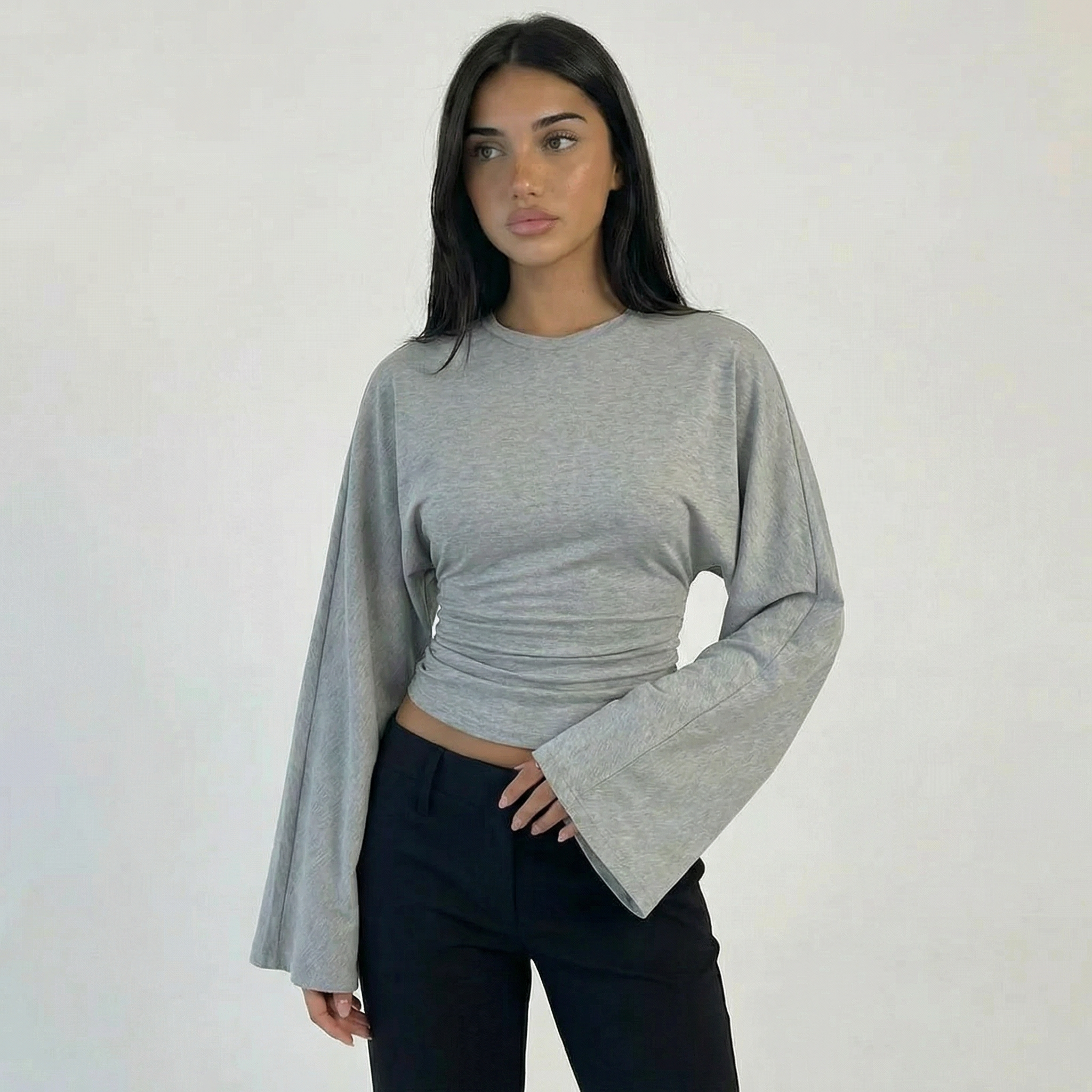 Women’s Ruched Waist Long Sleeve Flare Top