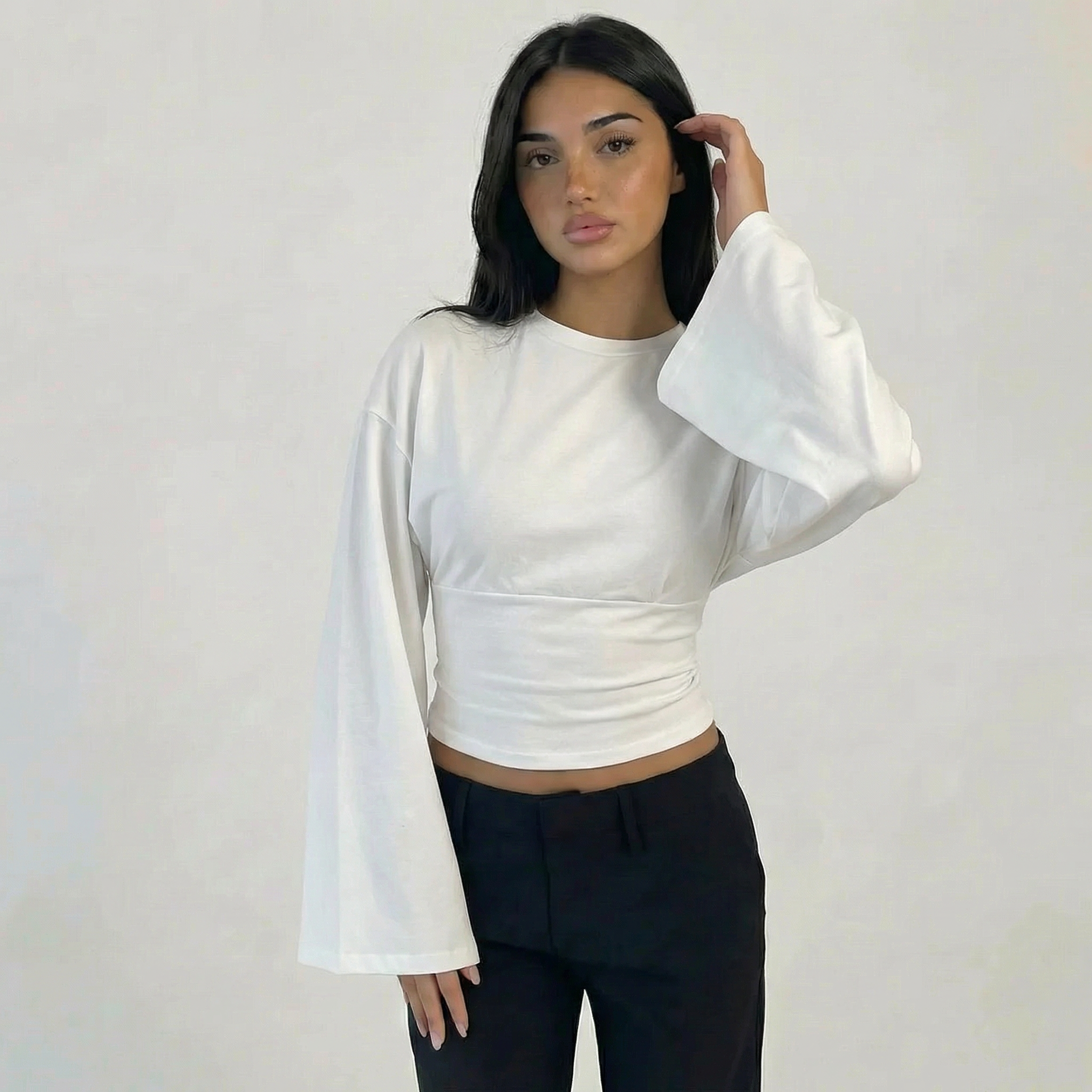 Women’s Ruched Waist Long Sleeve Flare Top