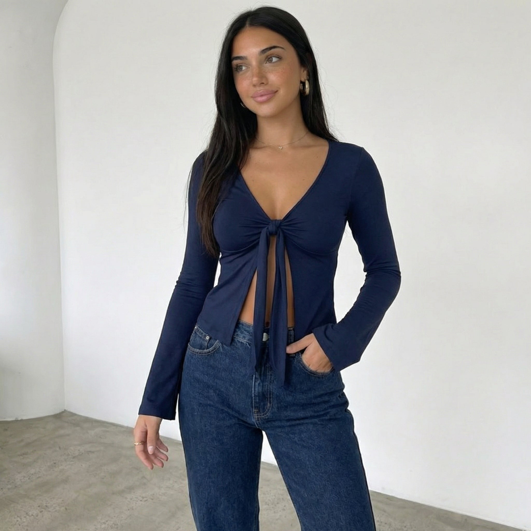 Women’s Tie Front Long Sleeve V-Neck Top
