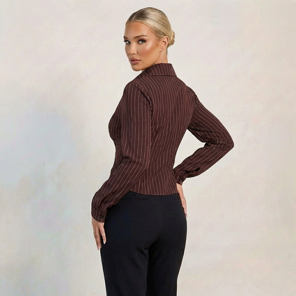 Women’s Pinstripe Corset Waist Button-Up Shirt