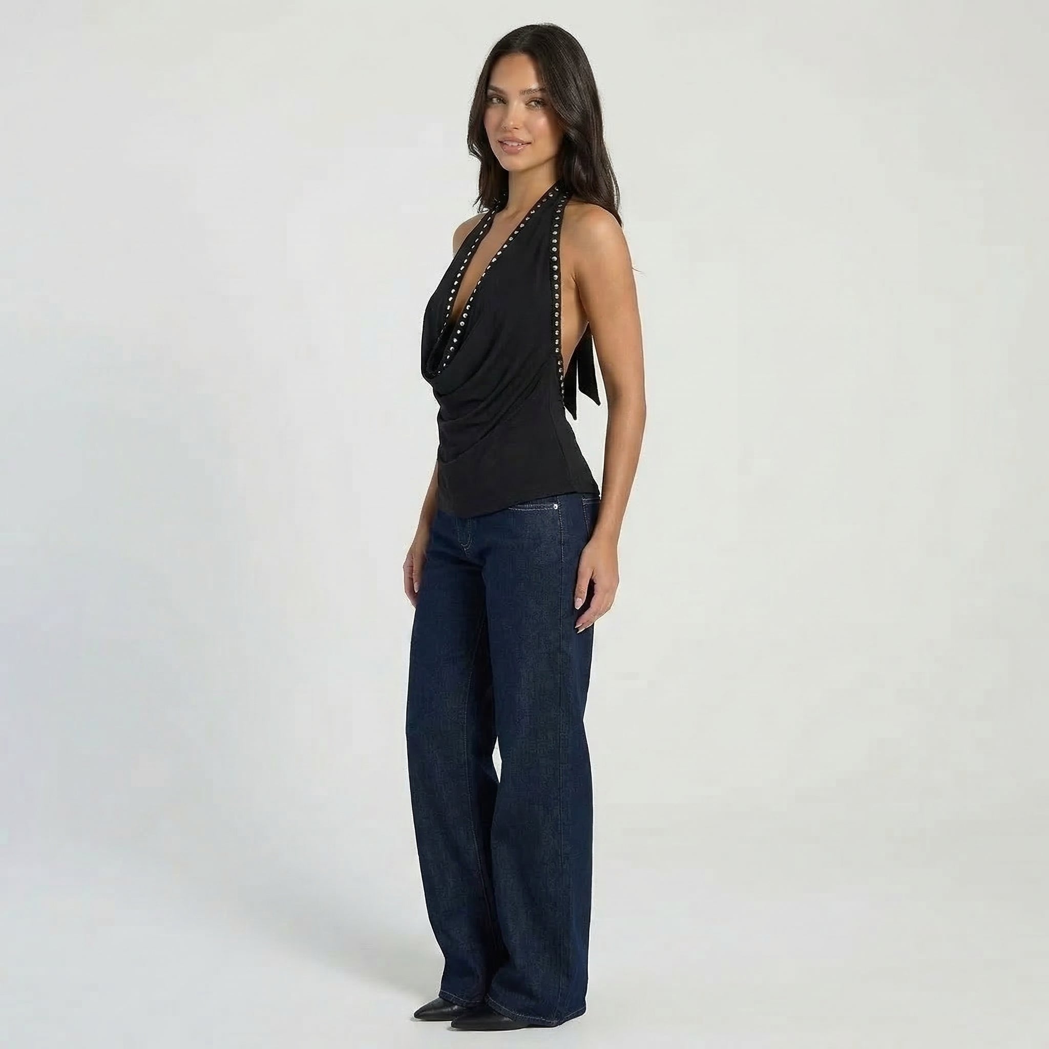 Women’s Studded Halter Cowl Neck Top