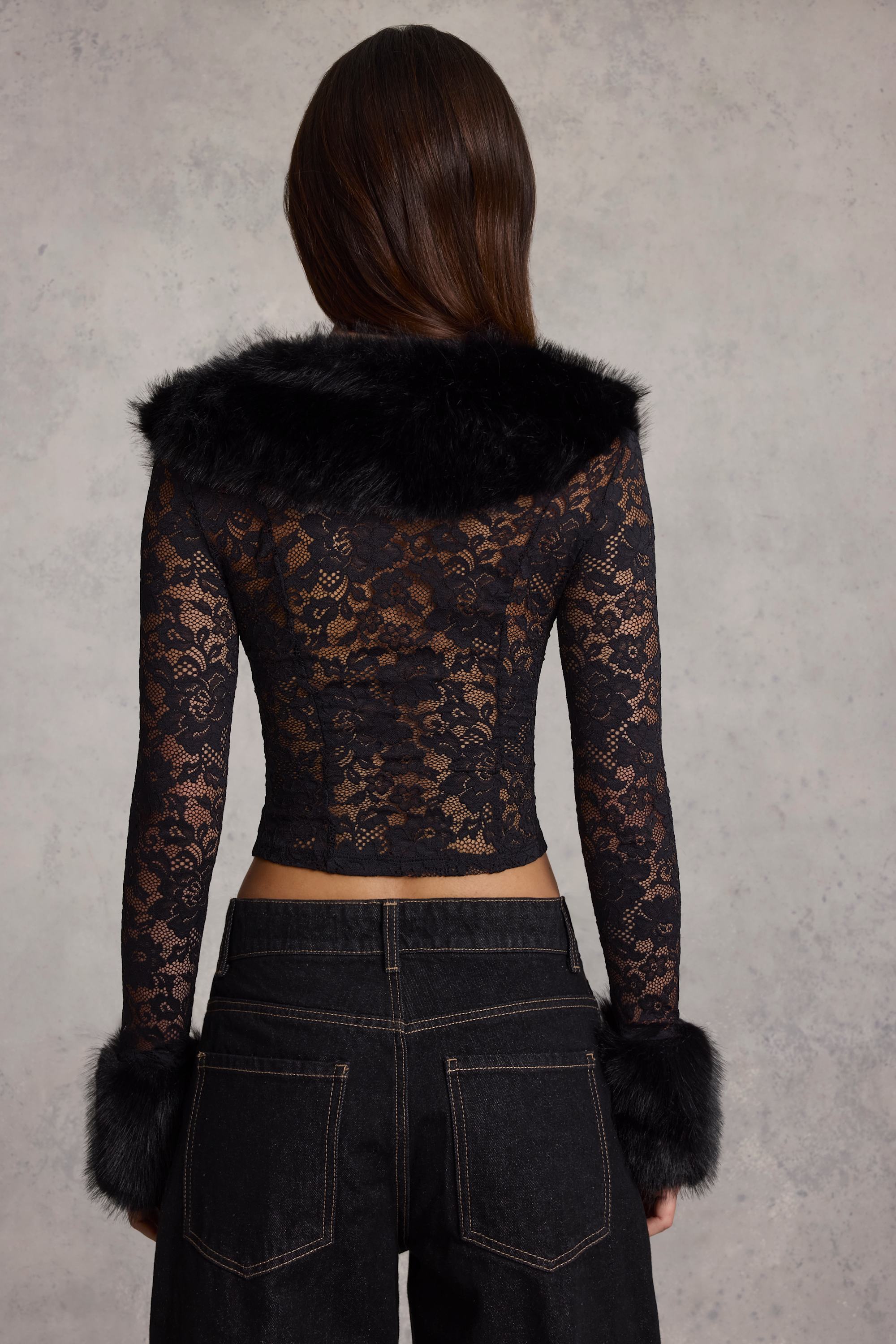 Faux Fur-Trim Lace Cardigan