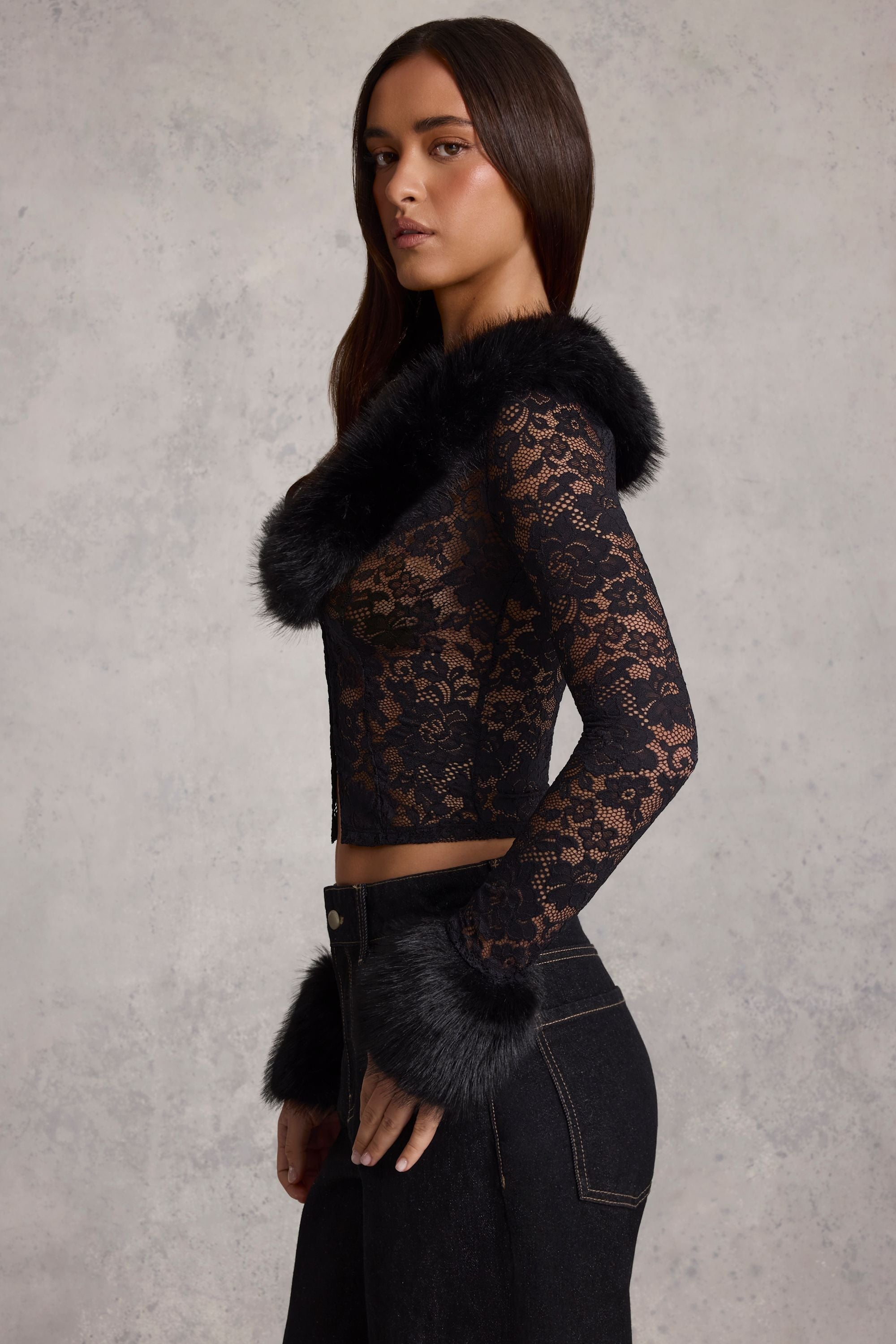 Faux Fur-Trim Lace Cardigan