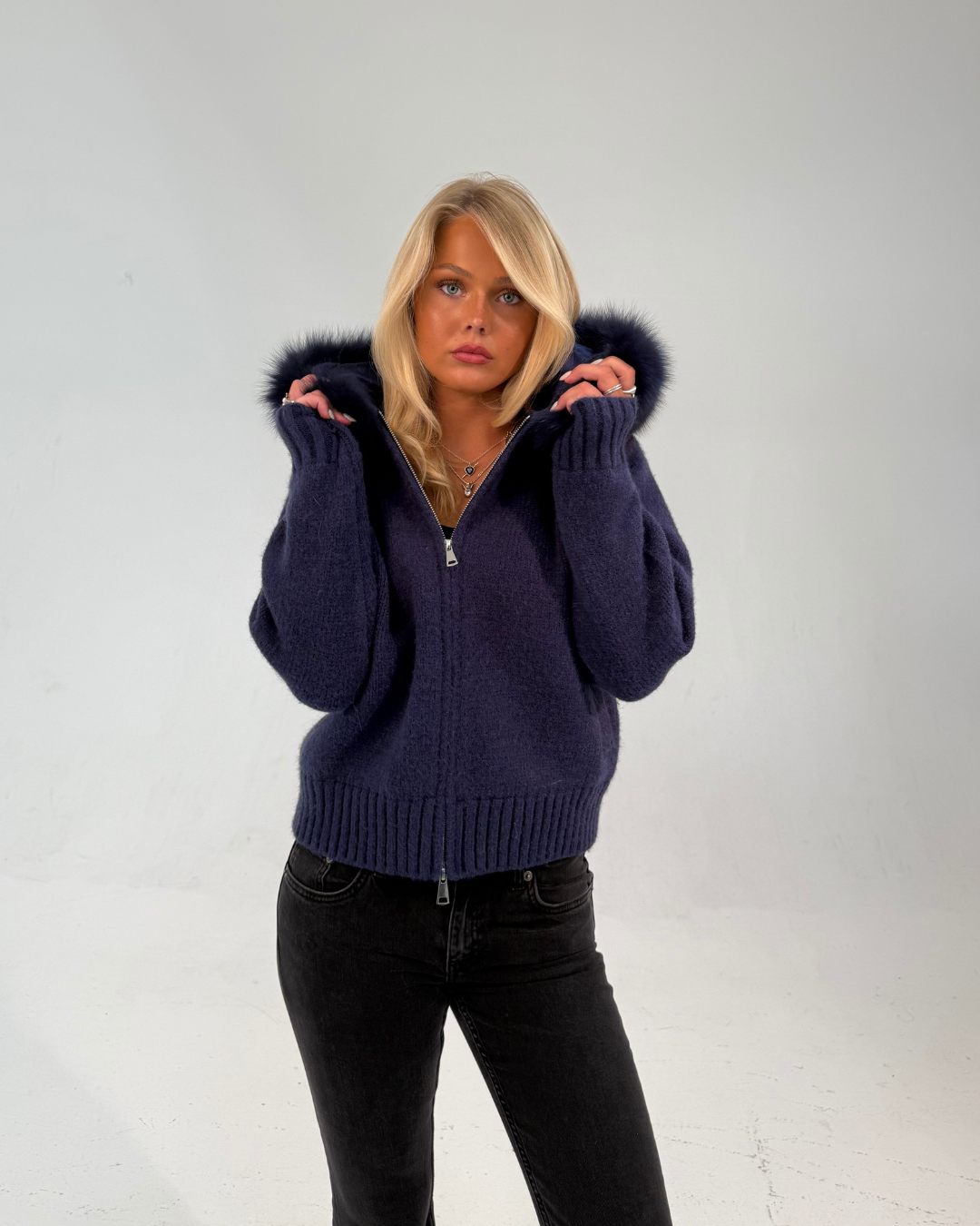Rose Fur Jacket - Navy Blue