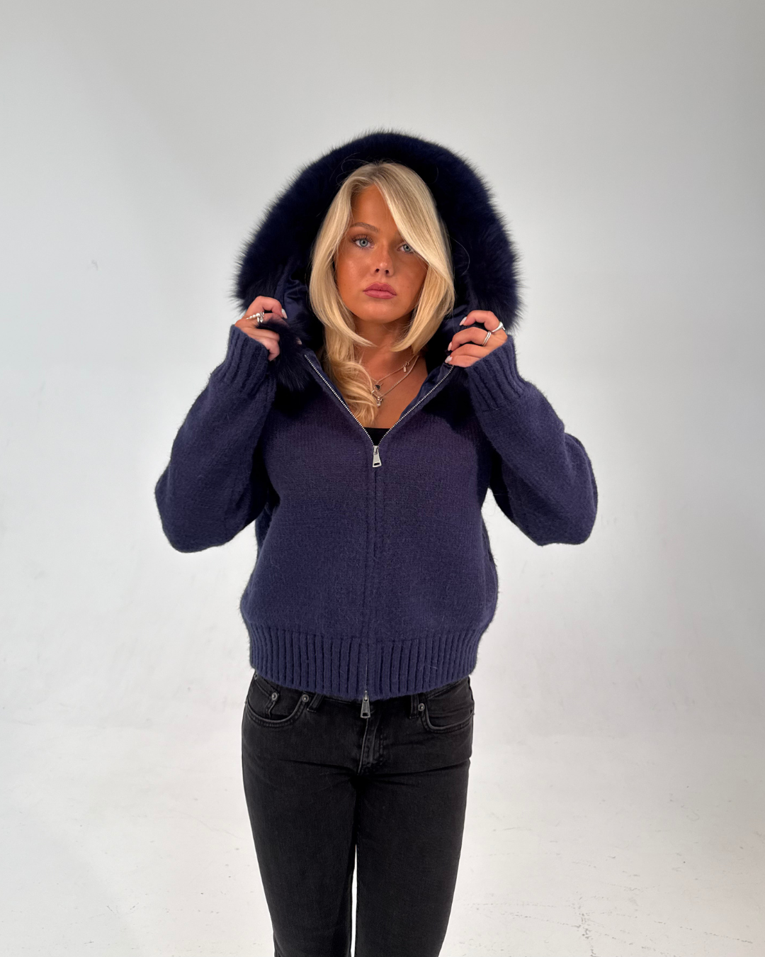 Rose Fur Jacket - Navy Blue