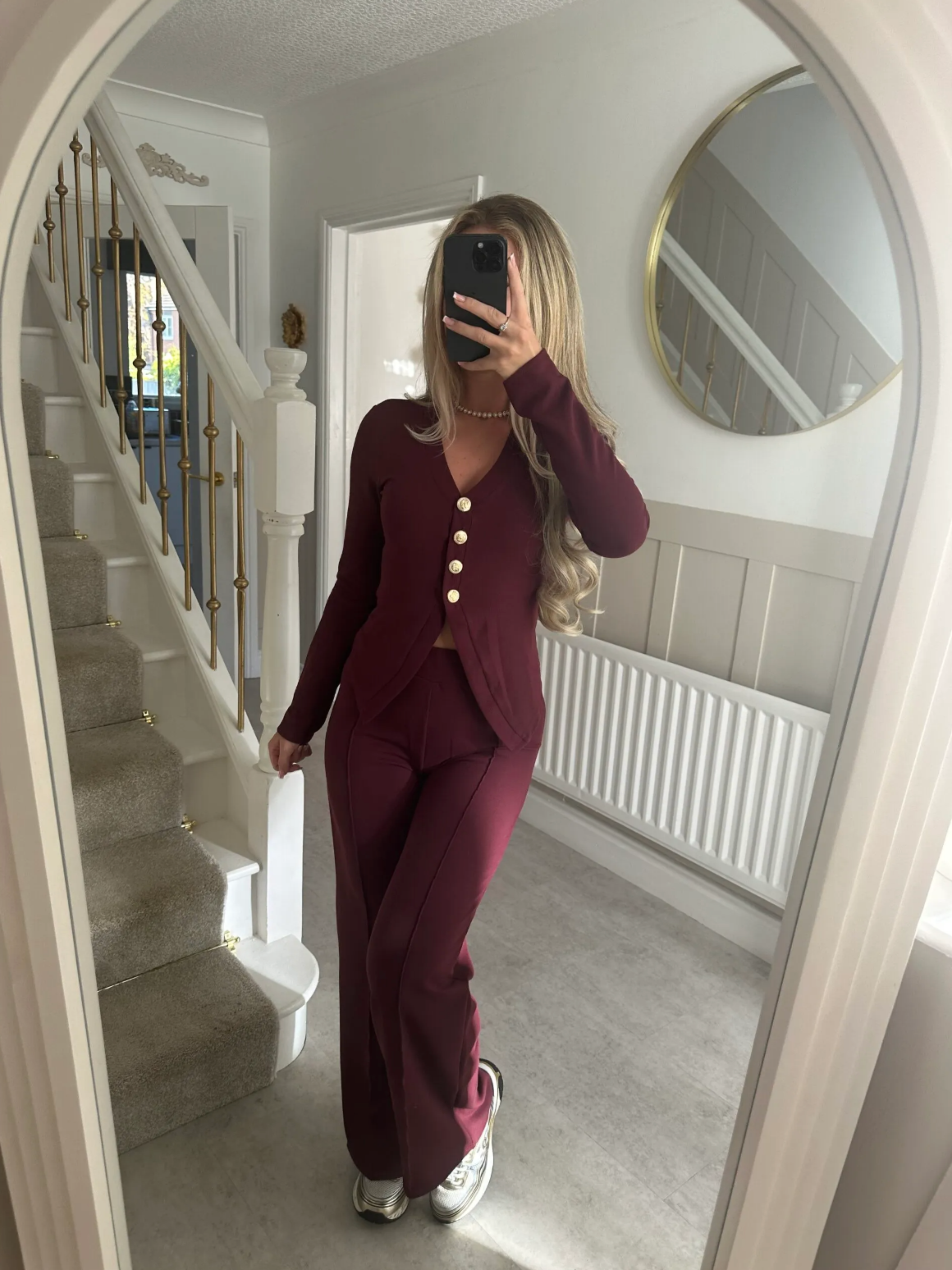 Rose Gold Button Trouser Set In Wine