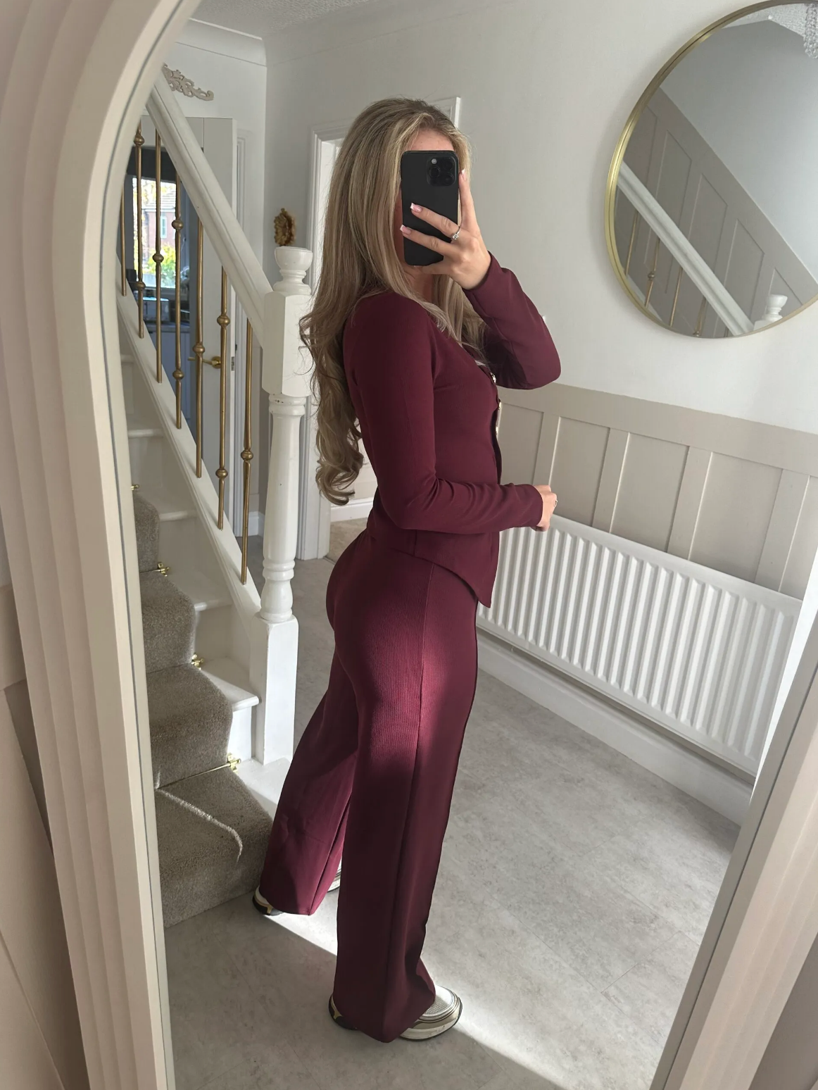 Rose Gold Button Trouser Set In Wine