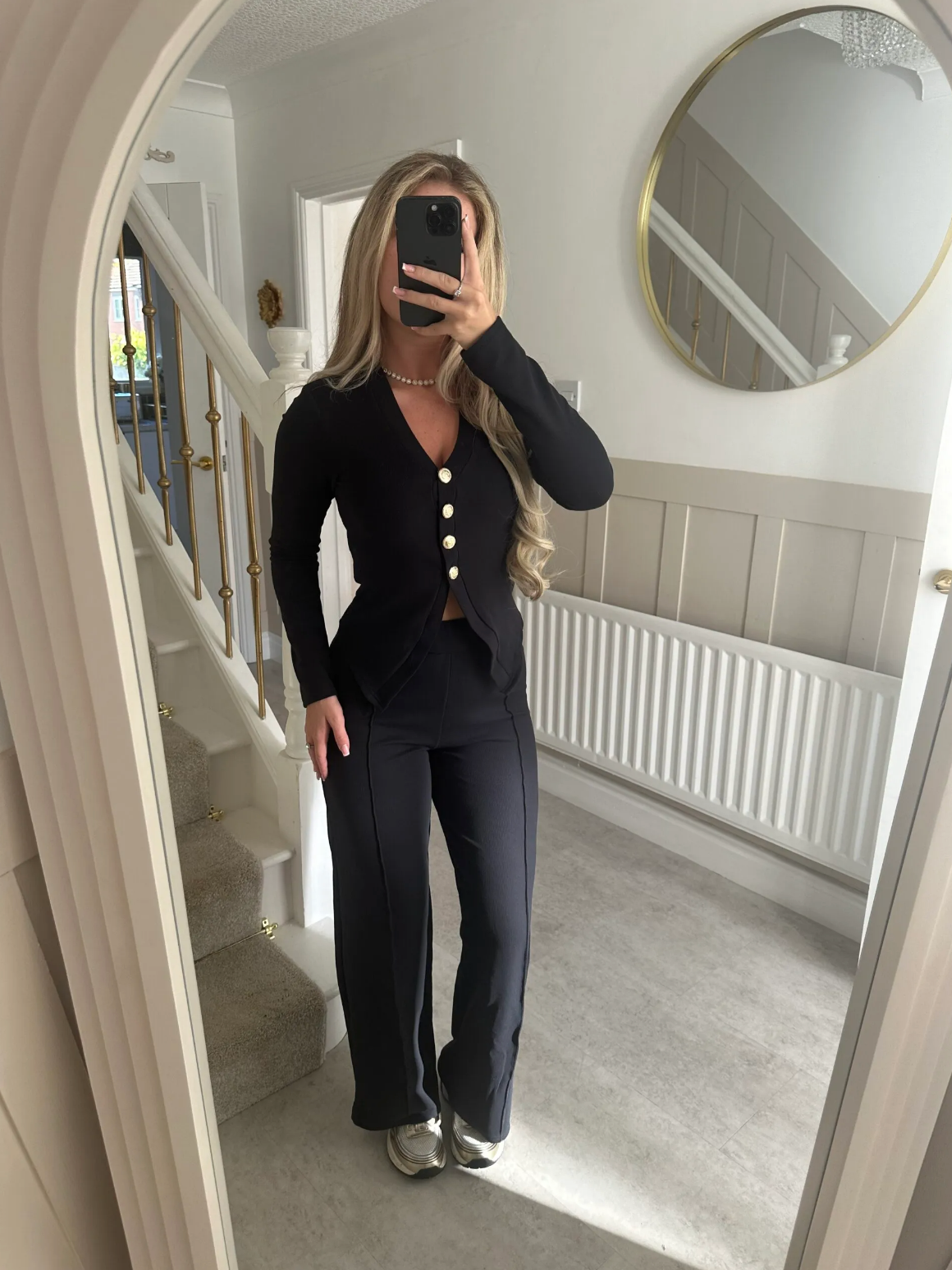 ROSE Gold Button Trouser Set In Black