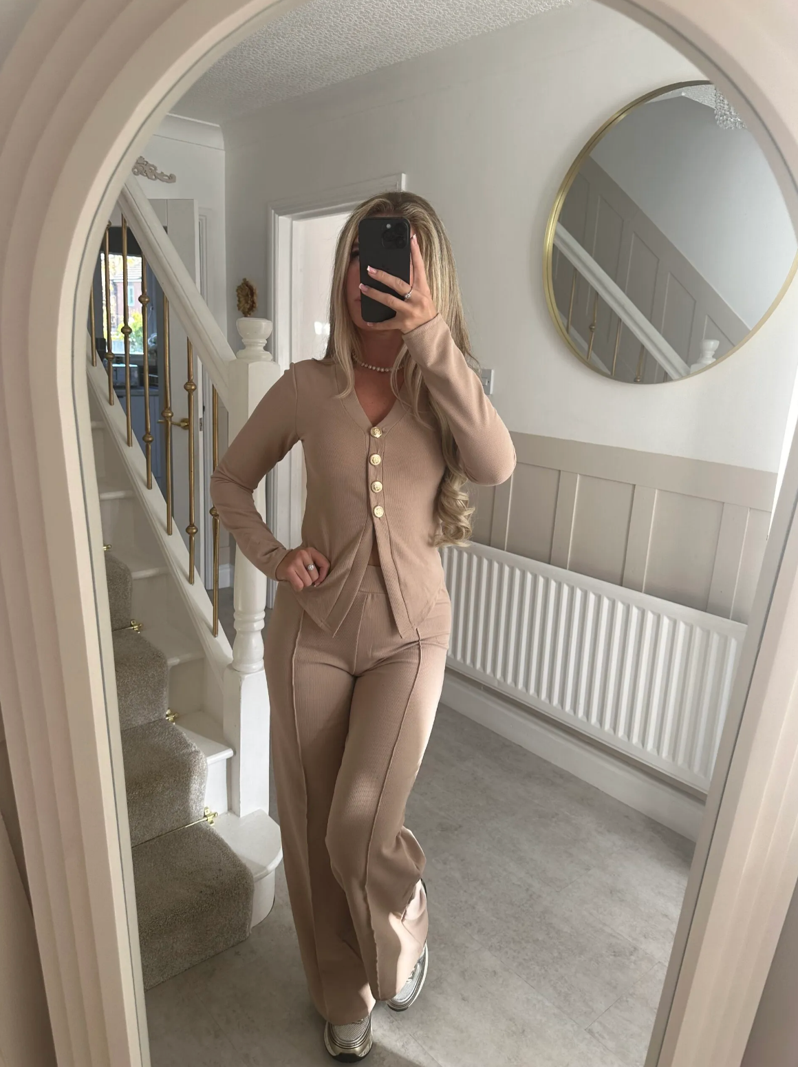 ROSE Gold Button Trouser Set In Beige