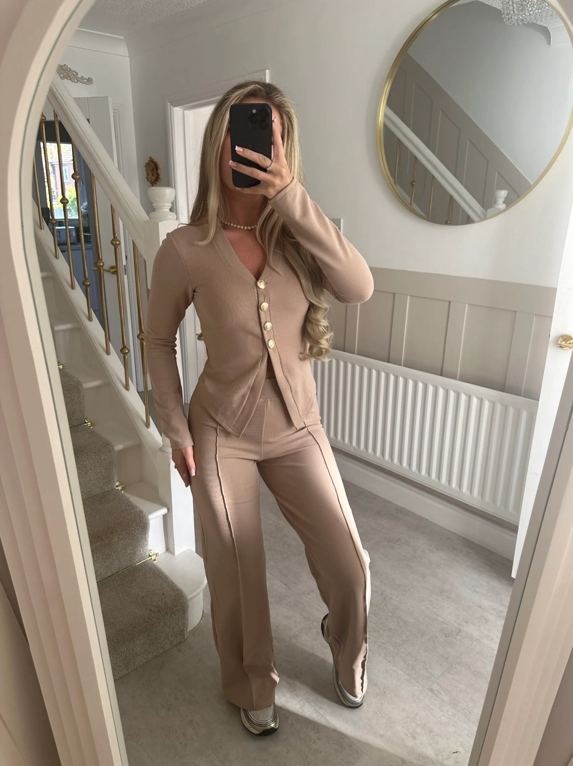 ROSE Gold Button Trouser Set In Beige