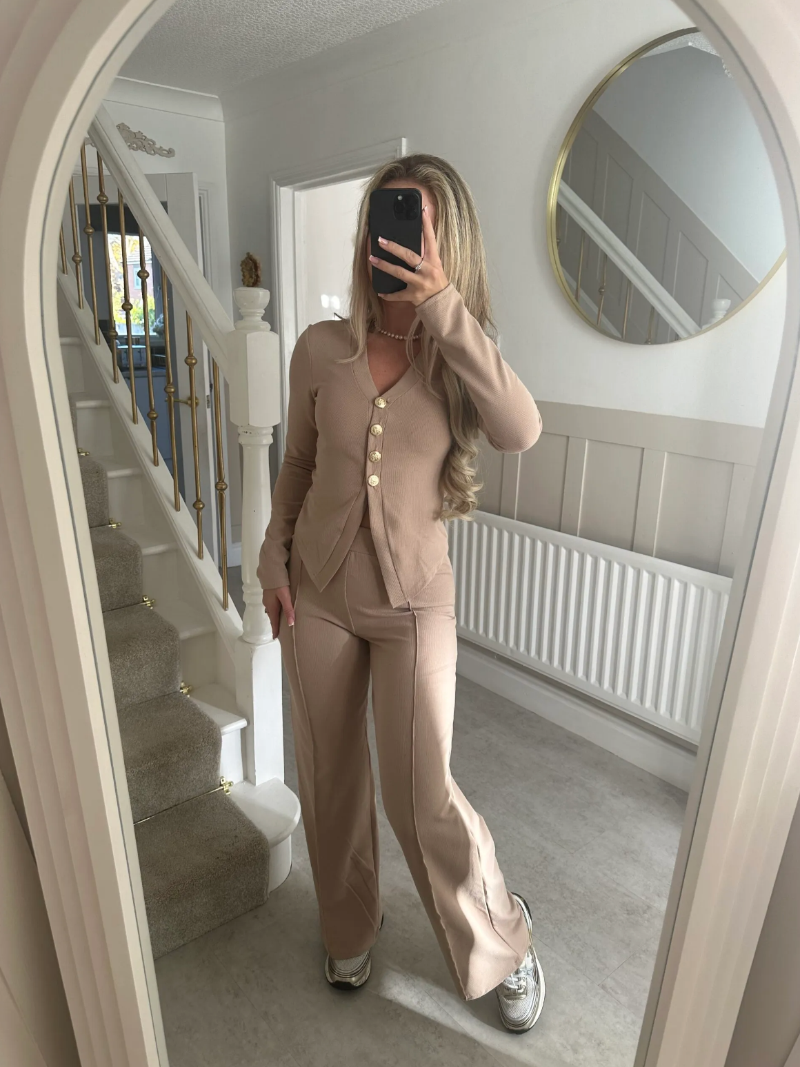 ROSE Gold Button Trouser Set In Beige