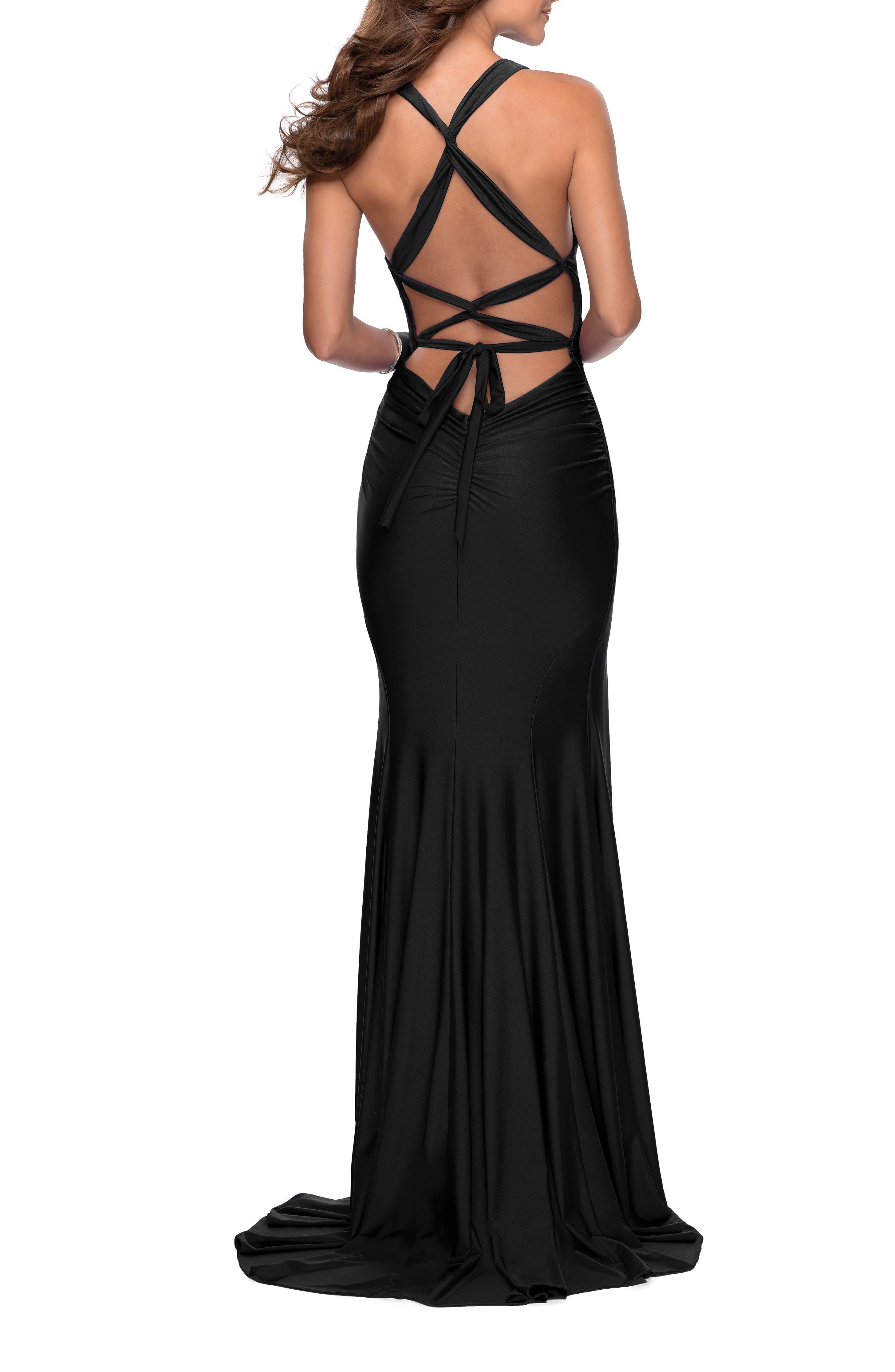 Sleek Prom Dress with Deep V-Neckline and Tie Back