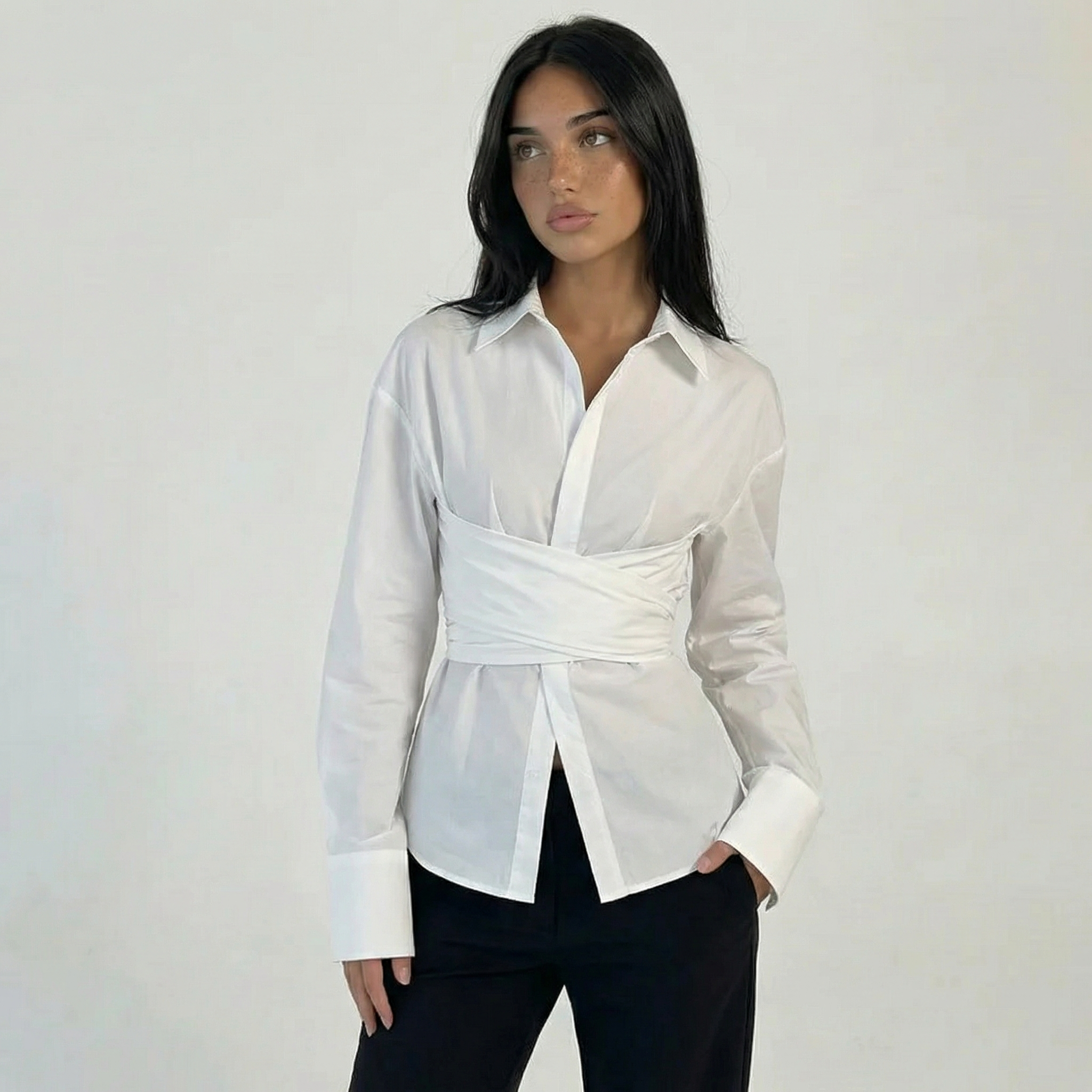 Women’s Corset Wrap Waist Button-Up Shirt