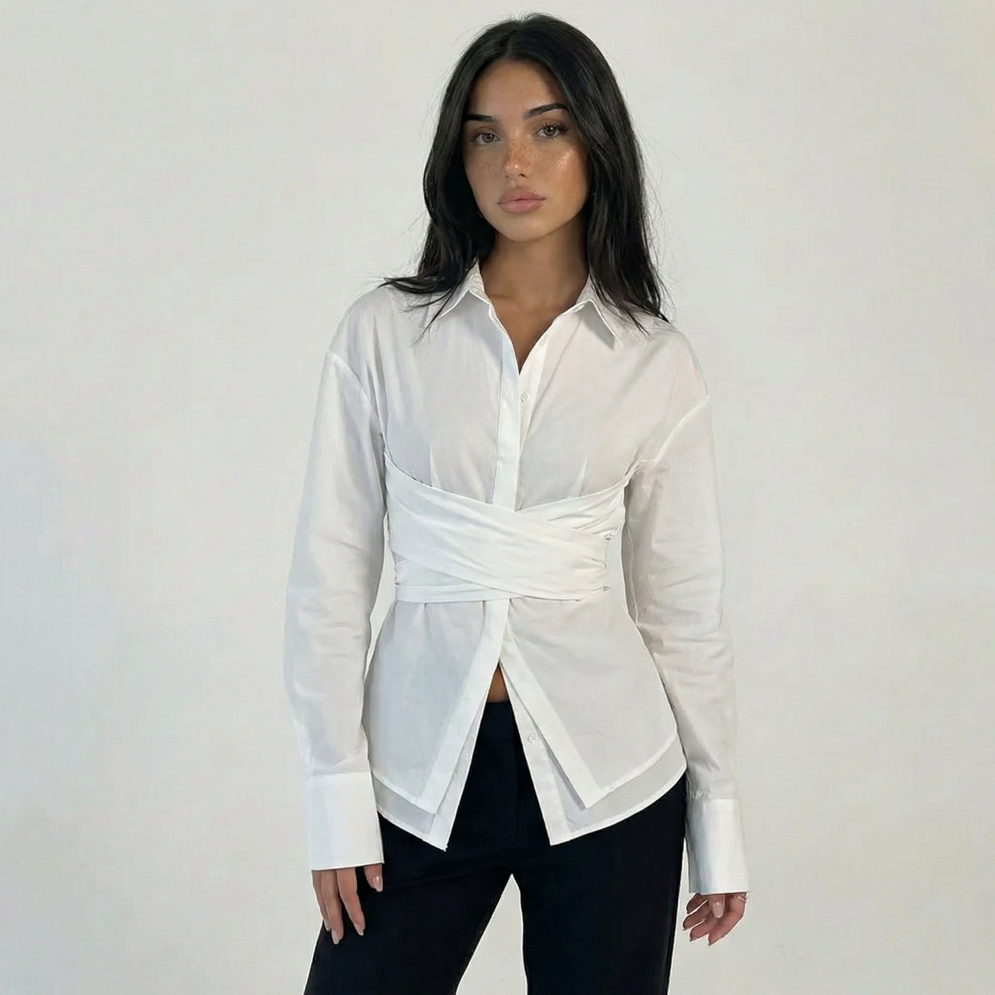 Women’s Corset Wrap Waist Button-Up Shirt