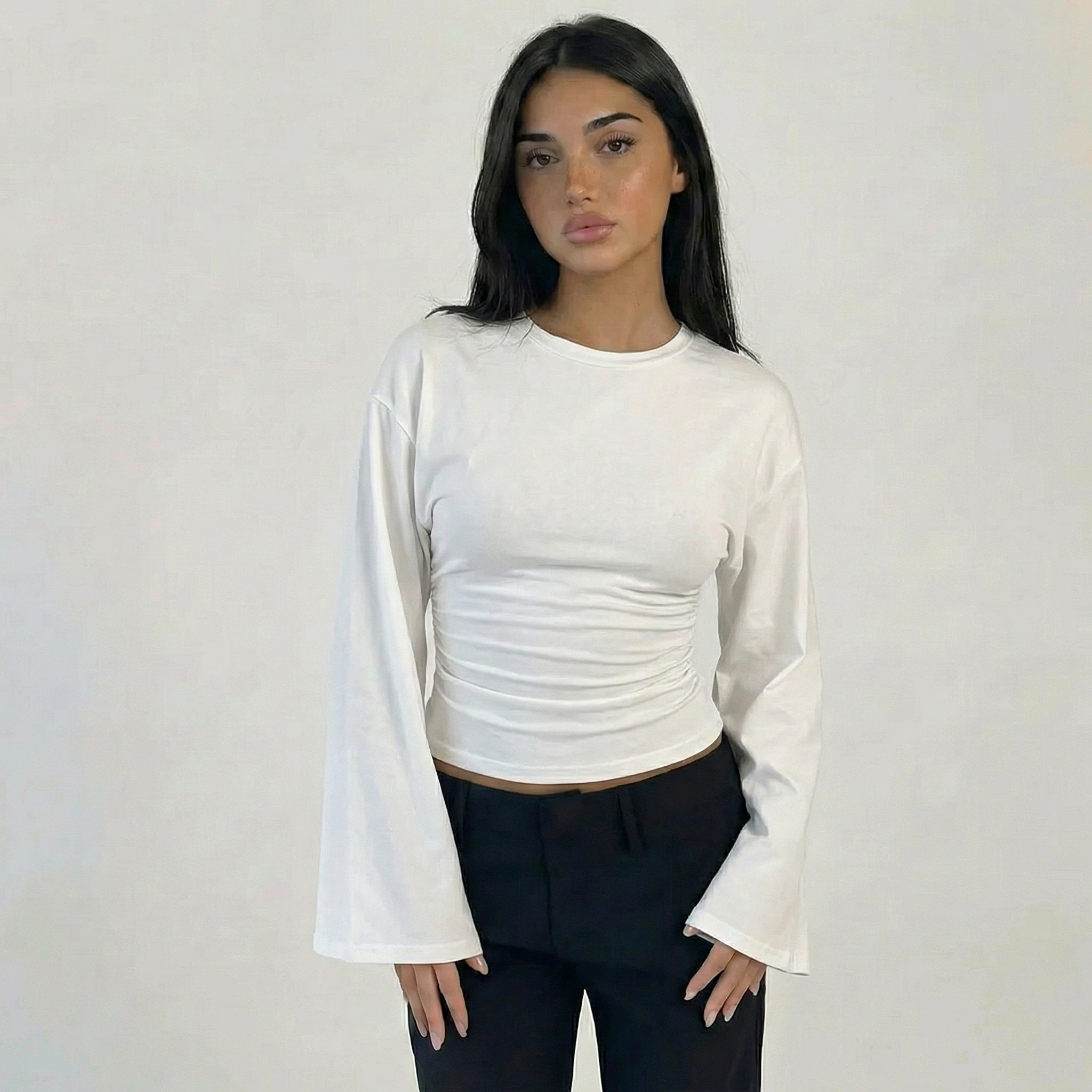 Women’s Ruched Waist Long Sleeve Flare Top