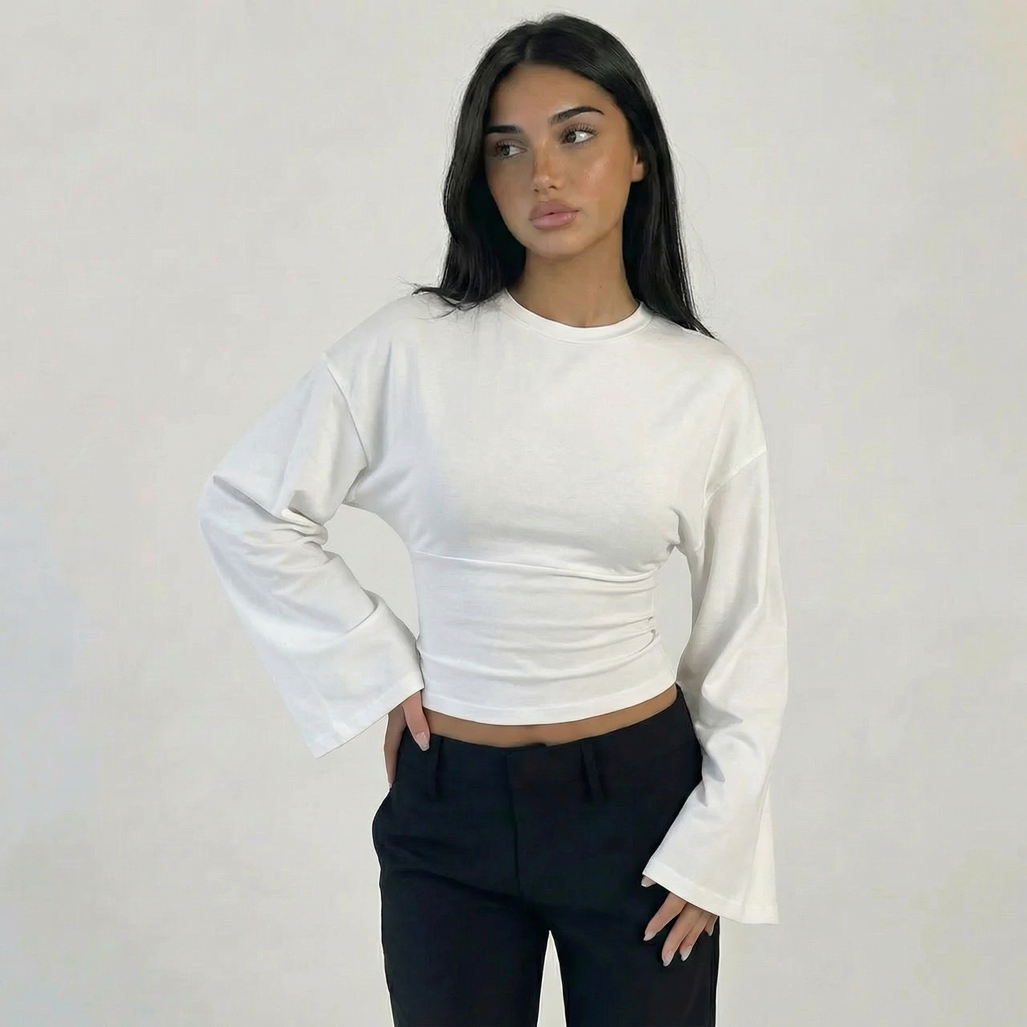 Women’s Ruched Waist Long Sleeve Flare Top