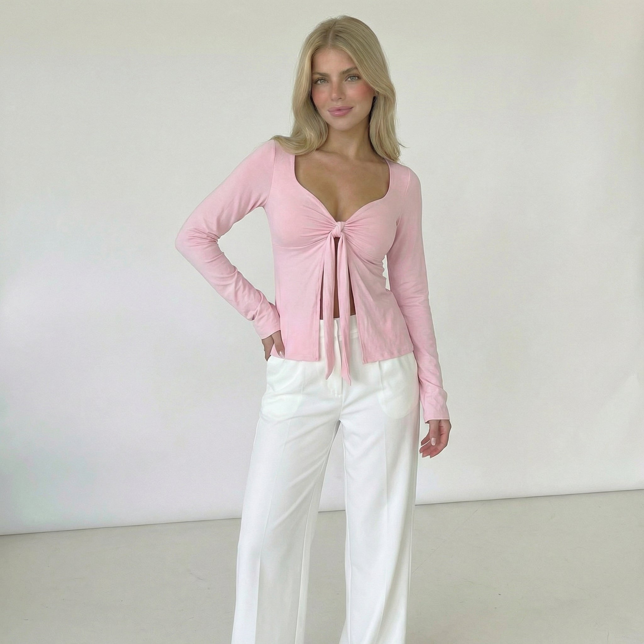 Women’s Tie Front Long Sleeve V-Neck Top