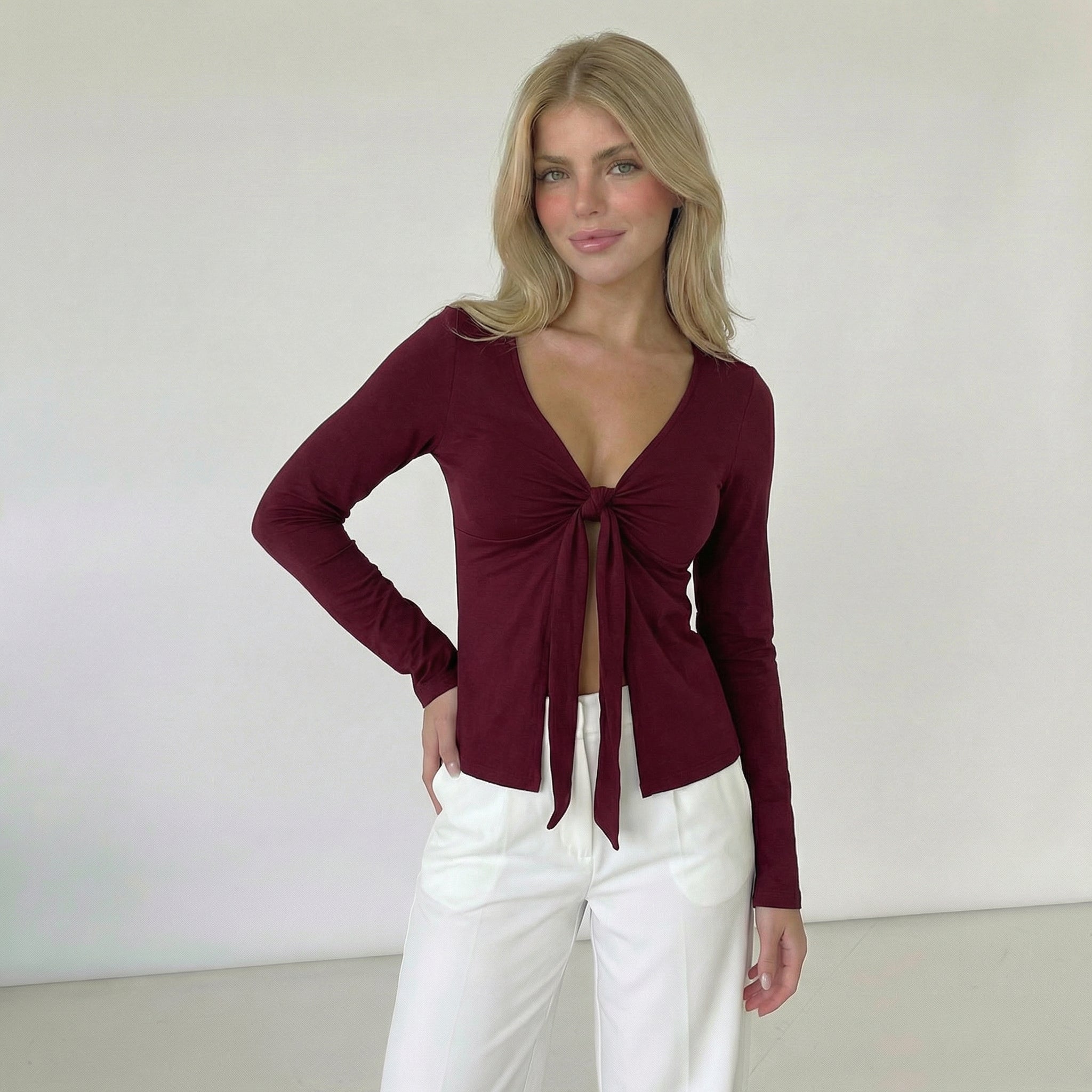 Women’s Tie Front Long Sleeve V-Neck Top