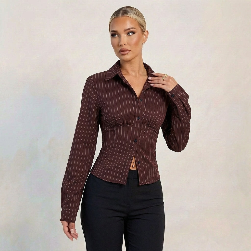 Women’s Pinstripe Corset Waist Button-Up Shirt