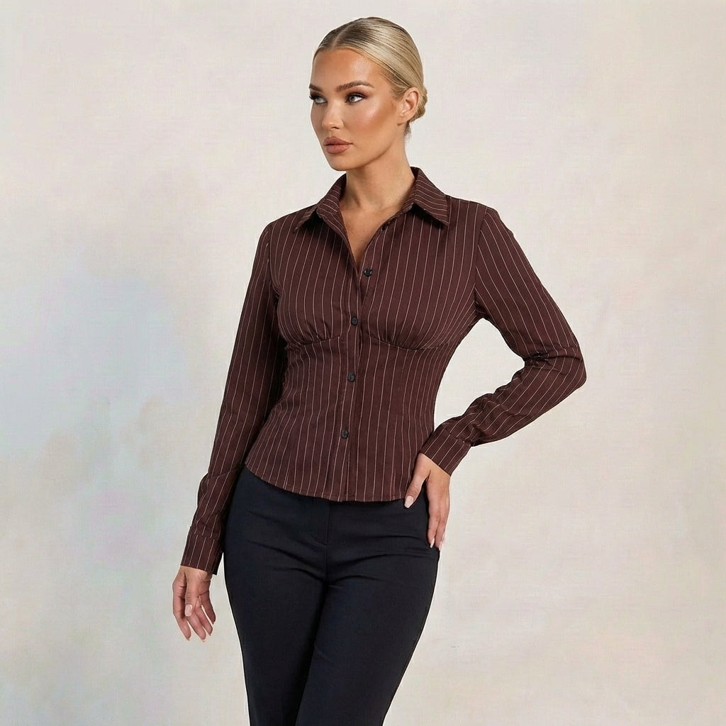 Women’s Pinstripe Corset Waist Button-Up Shirt