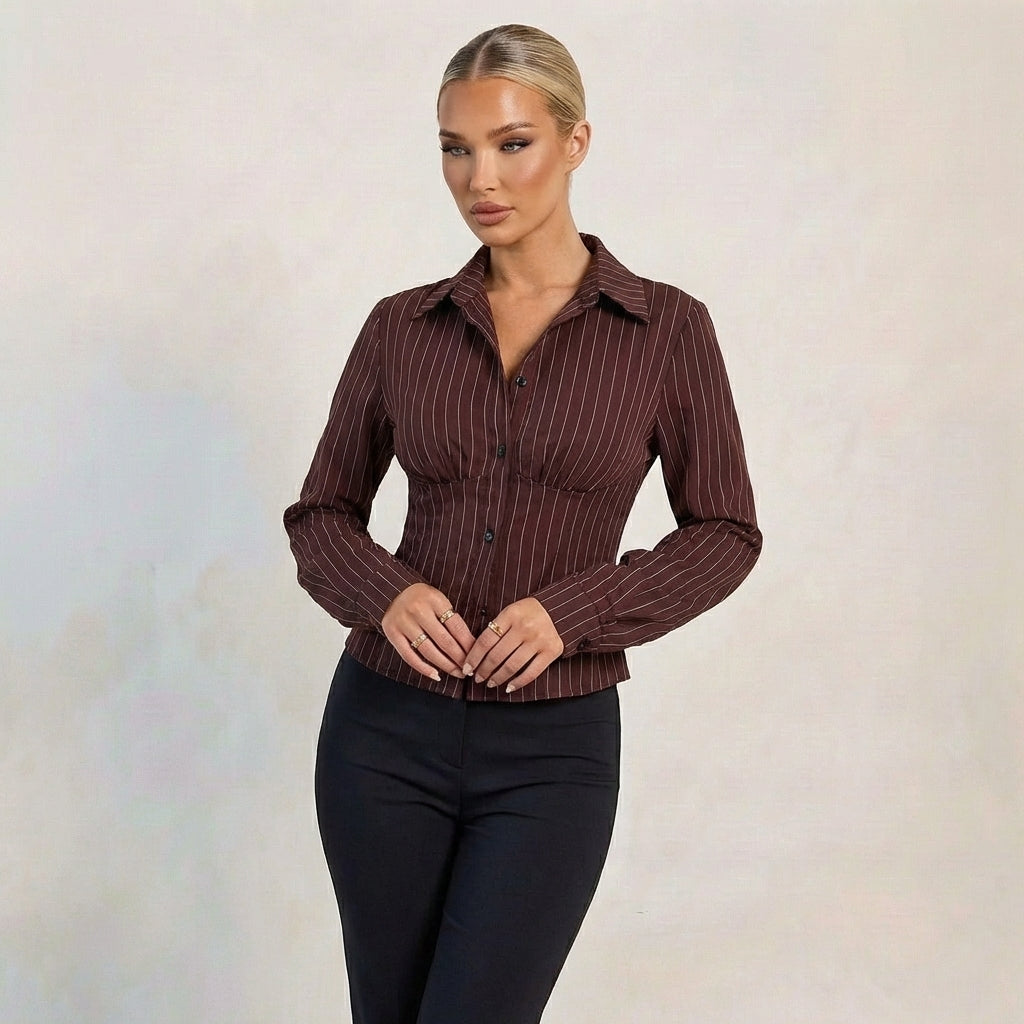 Women’s Pinstripe Corset Waist Button-Up Shirt