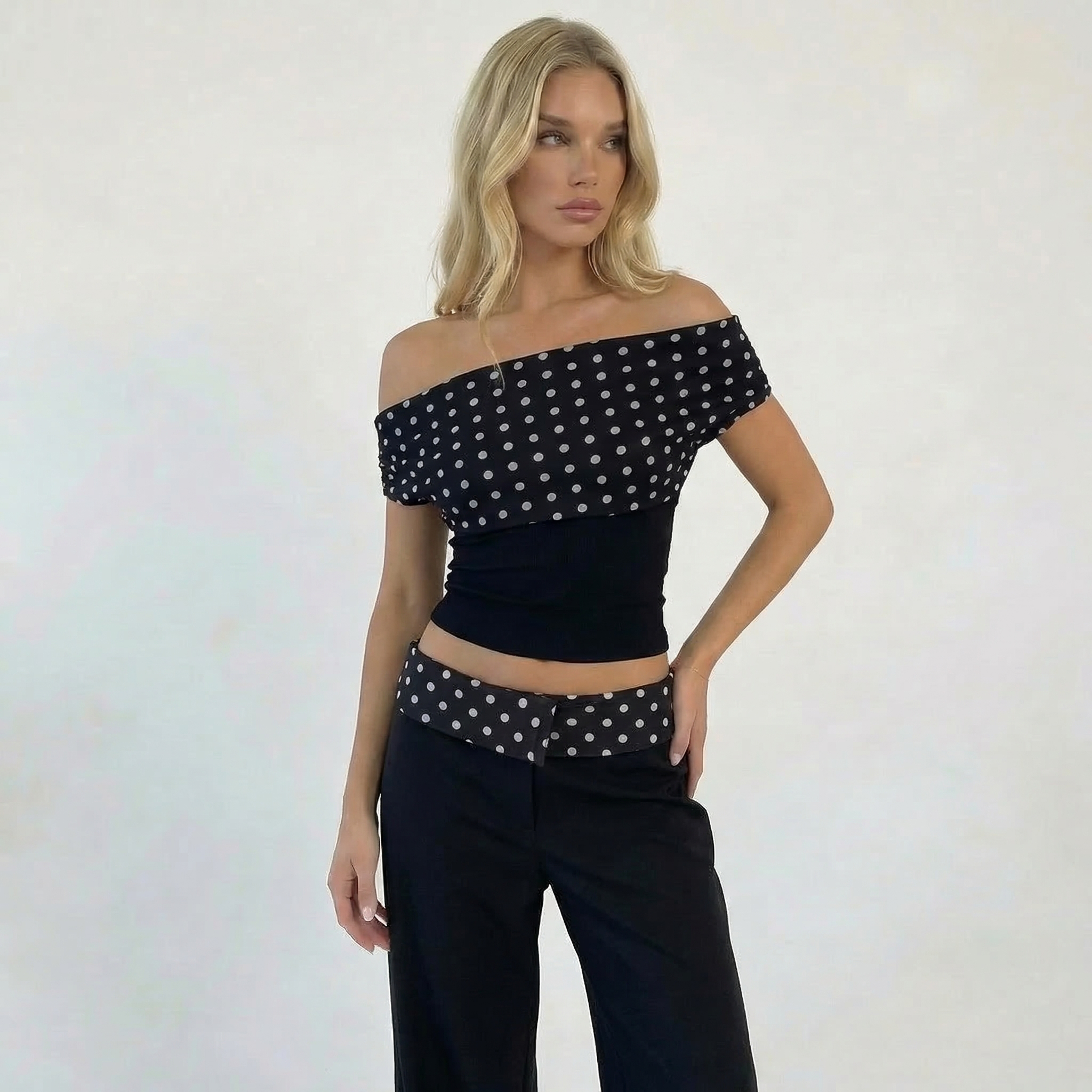 Women’s One Shoulder Polka Dot Draped Top
