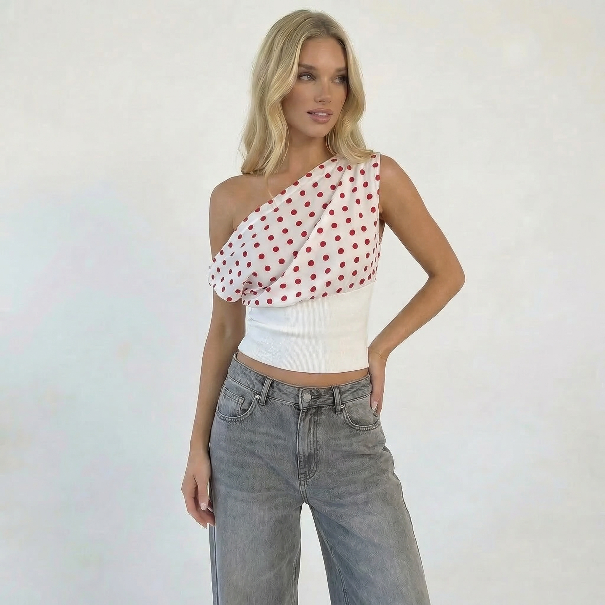 Women’s One Shoulder Polka Dot Draped Top